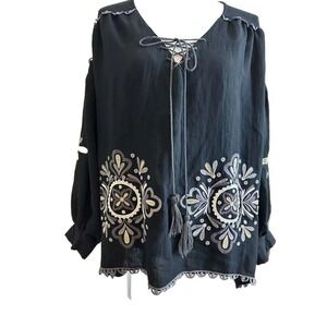 Umgee dark blue embroidered blouson sleeve boho blouse tunic Sz Sm Navy Blue EUC